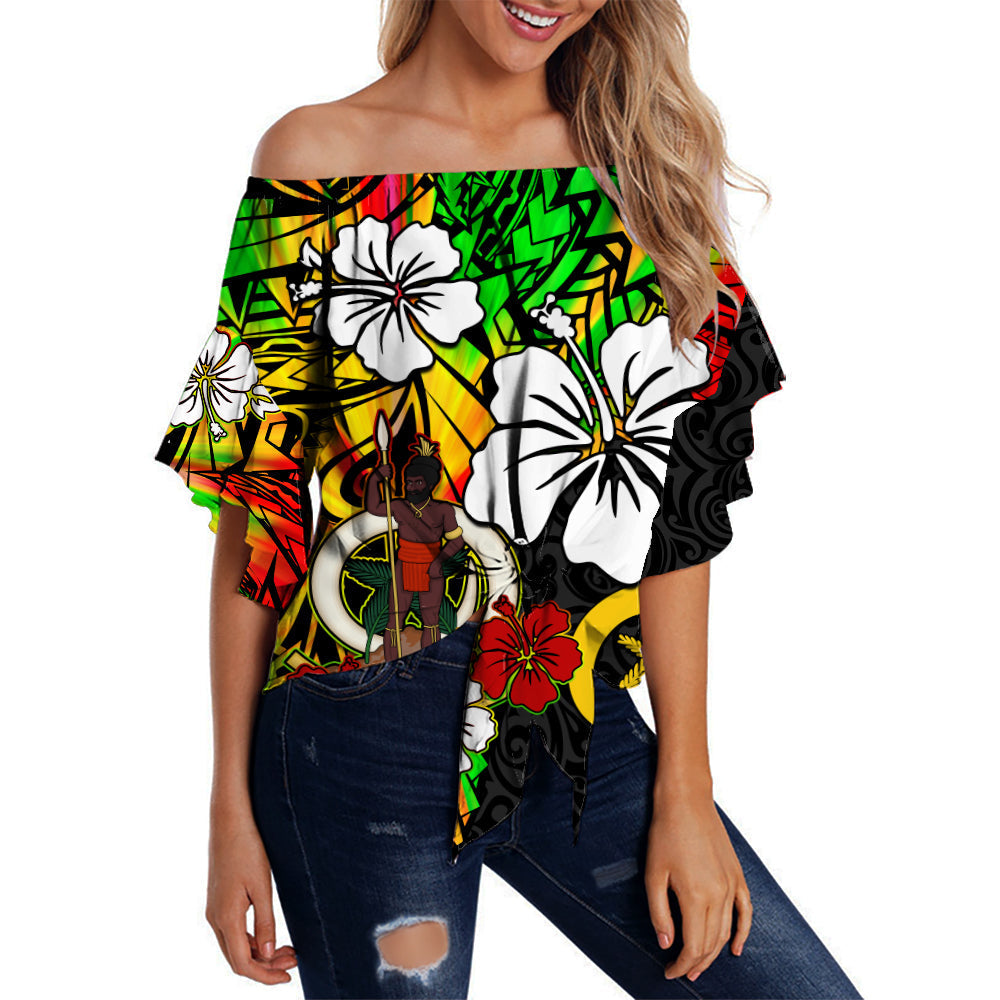 Vanuatu Off Shoulder Waist Wrap Top Polynesia Tie Dye Hibiscus Flowers