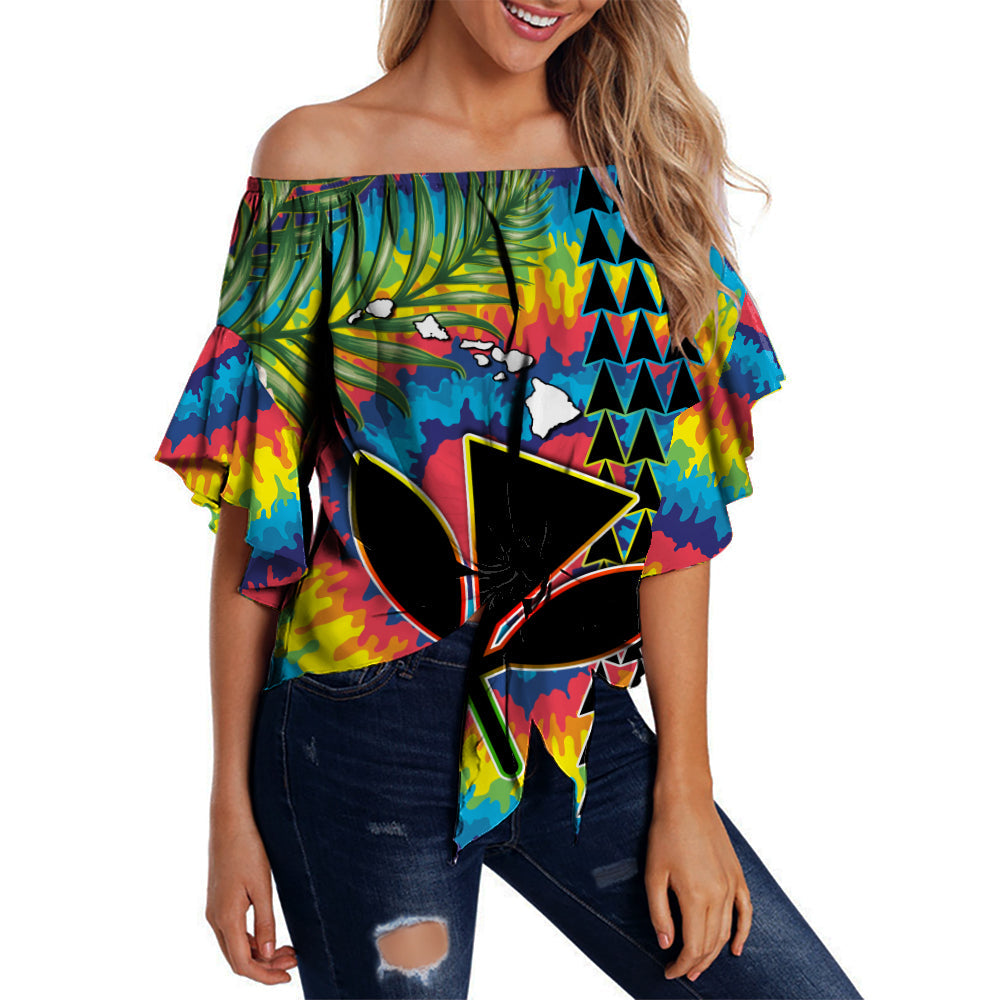 Hawaii Rainbow Tie Dye Off Shoulder Waist Wrap Top Flowers Polynesian Hawaiian Tribal