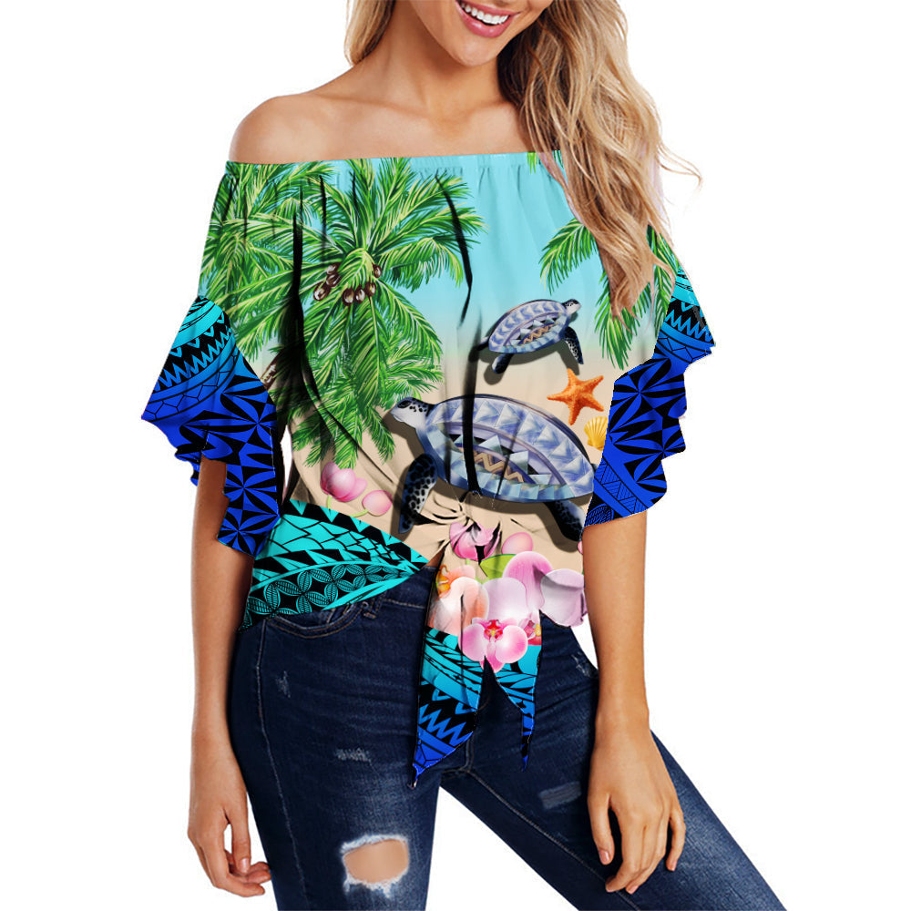 Polynesian Turtle Coconut Tree And Orchids Off Shoulder Waist Wrap Top