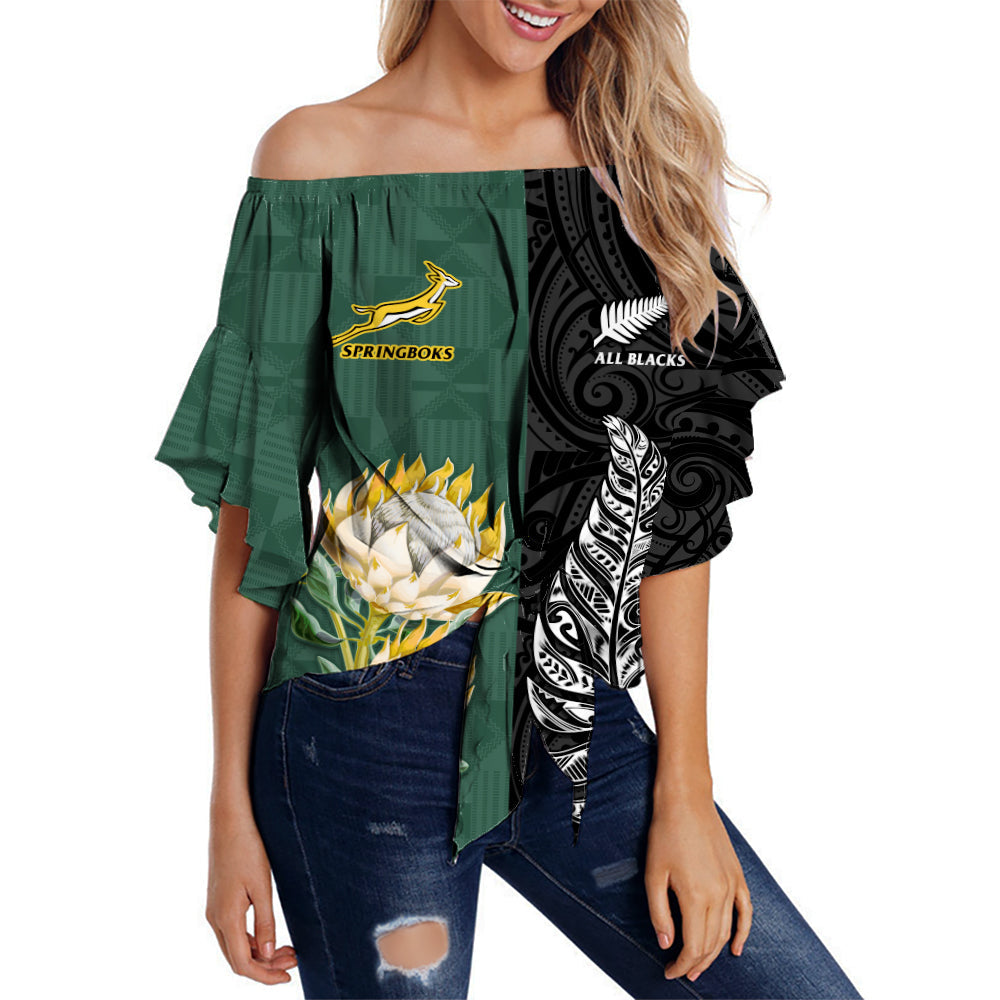 South Africa Protea and New Zealand Fern Off Shoulder Waist Wrap Top Rugby Go Springboks vs All Black