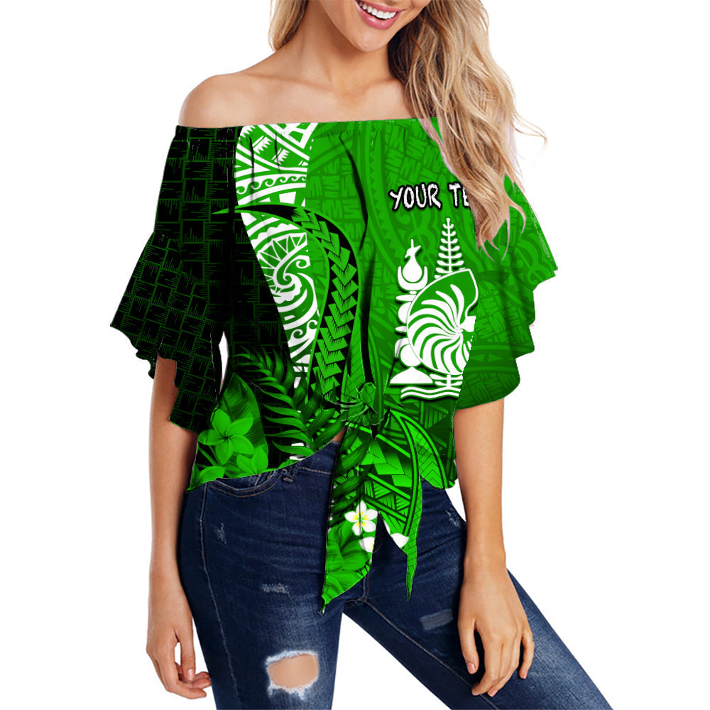 (Custom Personalised) New Caledonia Off Shoulder Waist Wrap Top Nautilus Green Polynesian Hibiscus