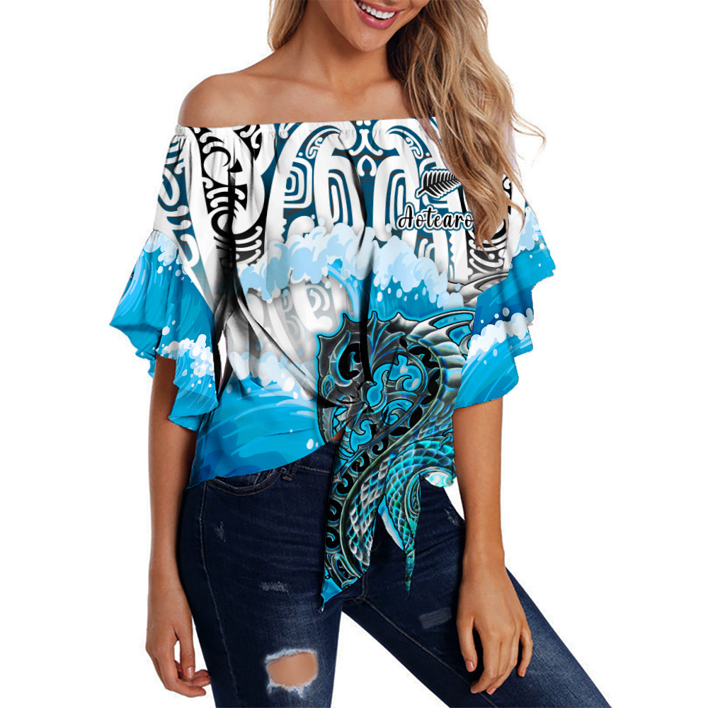 (Custom Personalised) Manaia Maori Off Shoulder Waist Wrap Top Fern Aotearoa Blue Waves