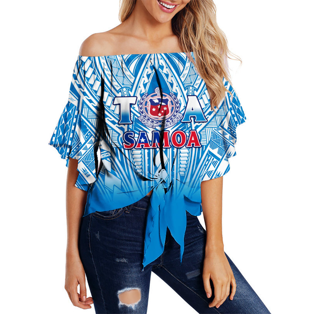 (Custom Text And Number) Samoa Rugby Off Shoulder Waist Wrap Top Personalise Toa Samoa Polynesian Pacific Blue Version