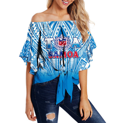 (Custom Text And Number) Samoa Rugby Off Shoulder Waist Wrap Top Personalise Toa Samoa Polynesian Pacific Blue Version