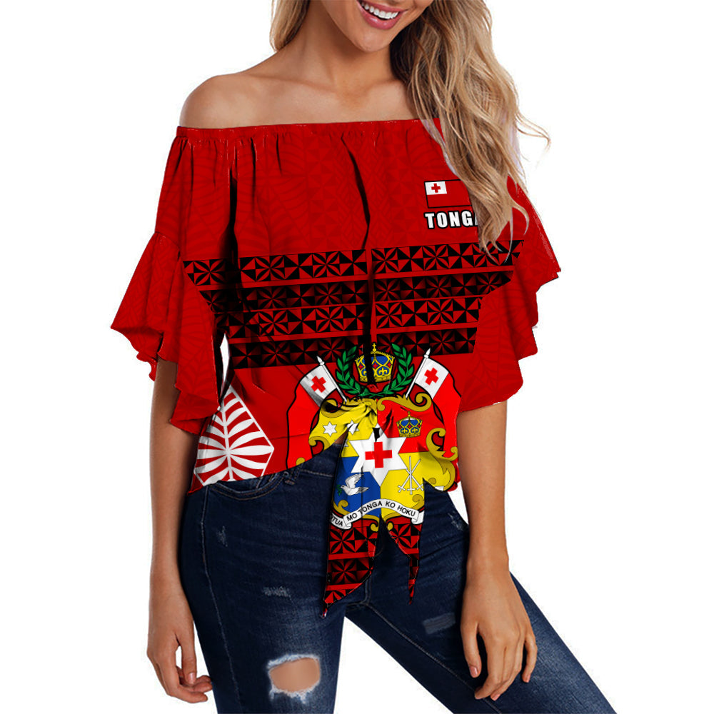 Tonga Off Shoulder Waist Wrap Top - Tongan Pattern - Custom Text and Number