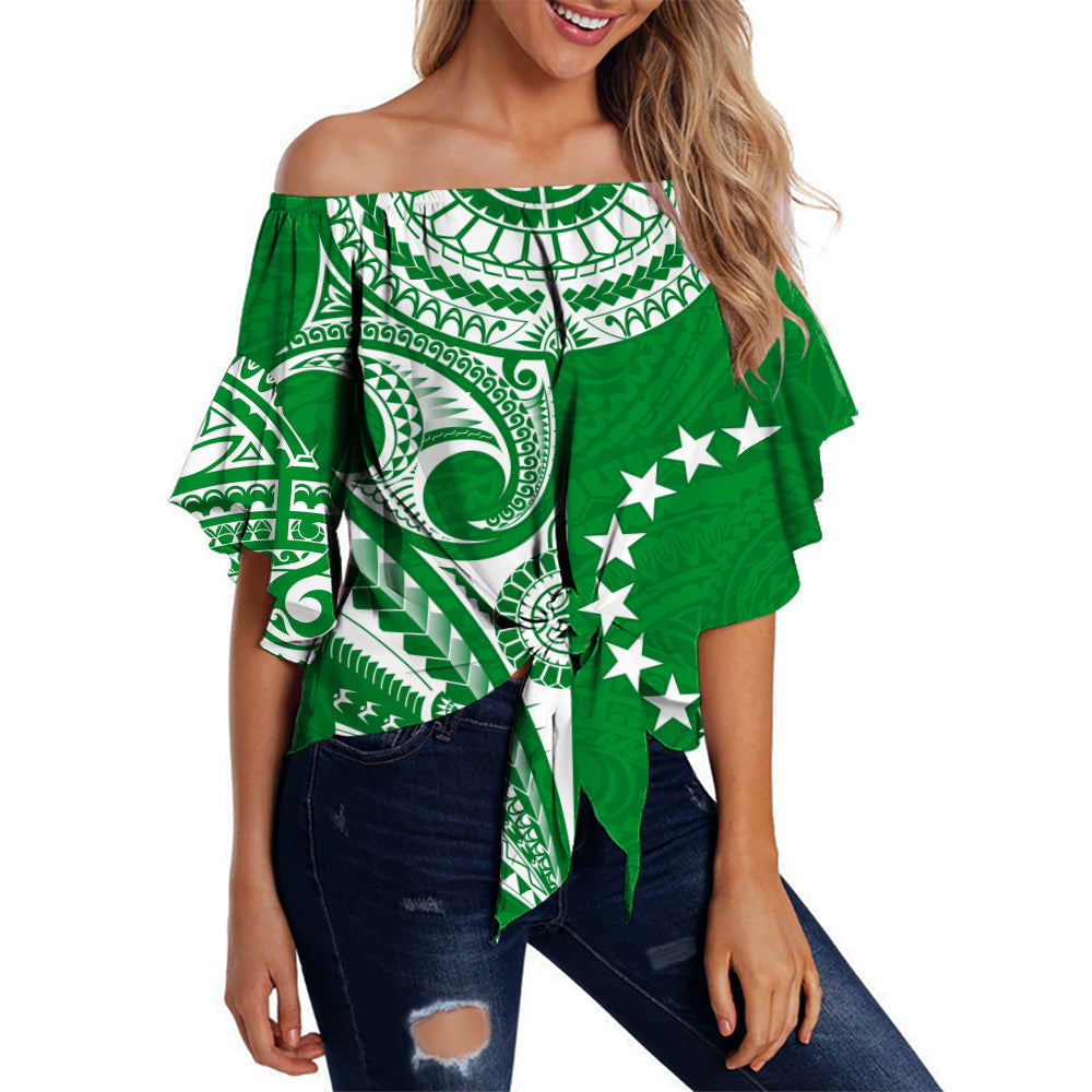 (Custom Text and Number) Cook Islands Tatau Off Shoulder Waist Wrap Top Symbolize Passion Stars Version Green