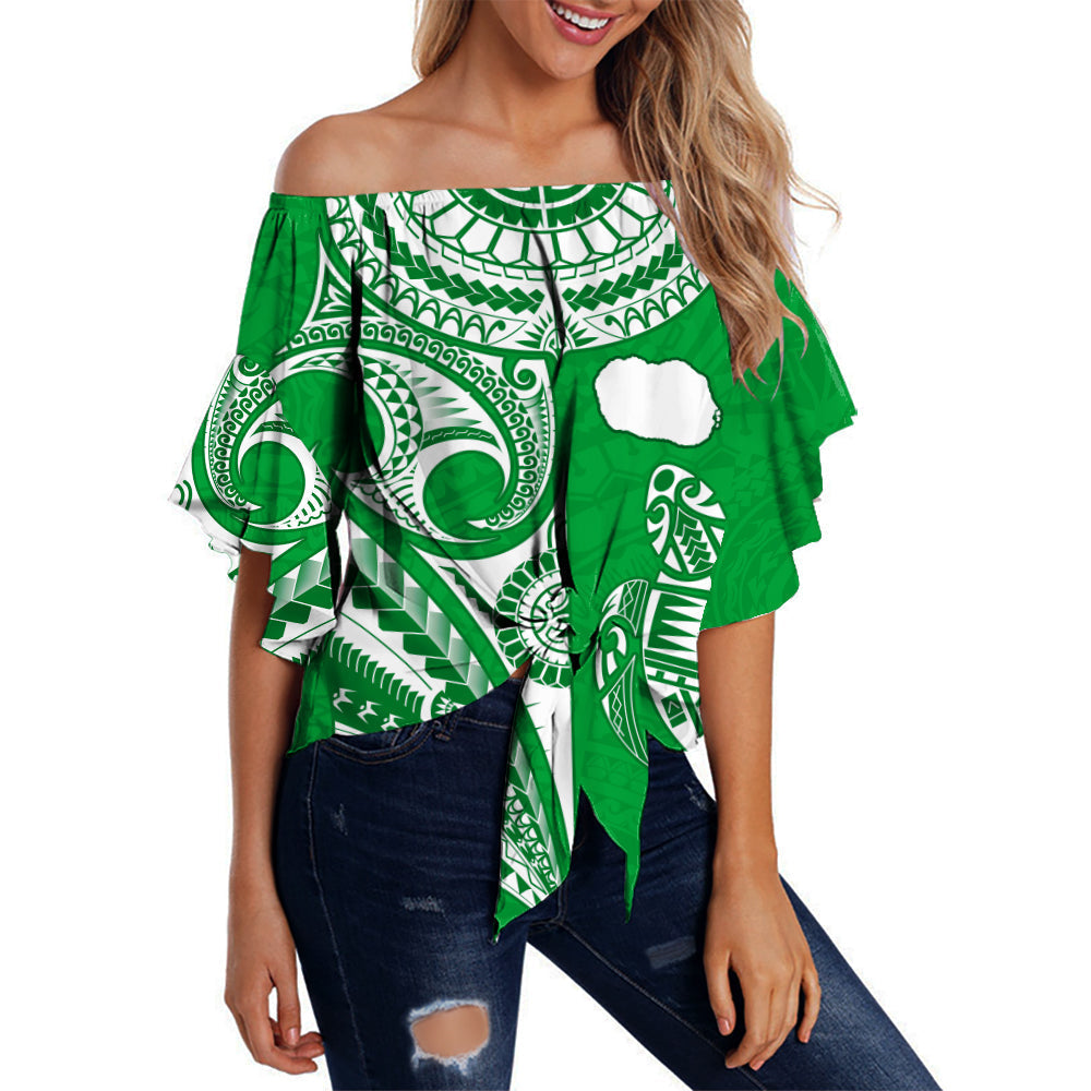 Rarotonga Cook Islands Off Shoulder Waist Wrap Top Turtle and Map Style Green
