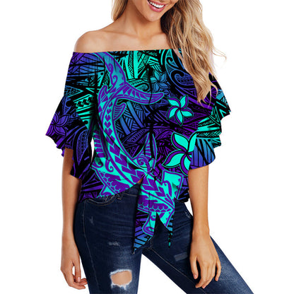 (Custom Personalised) Polynesian Off Shoulder Waist Wrap Top Purple Paradise Hawaiian Tribal Hammerhead Shark