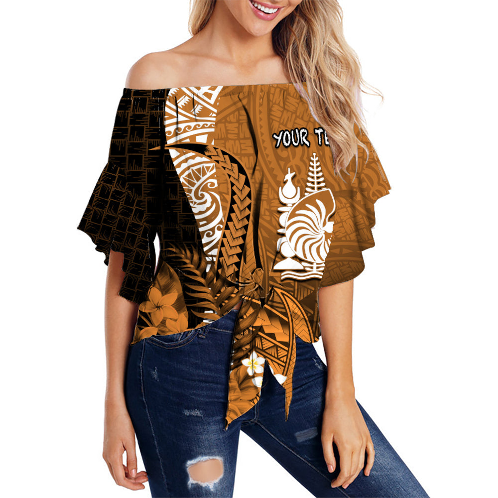 (Custom Personalised) New Caledonia Off Shoulder Waist Wrap Top Nautilus Gold Polynesian Hibiscus