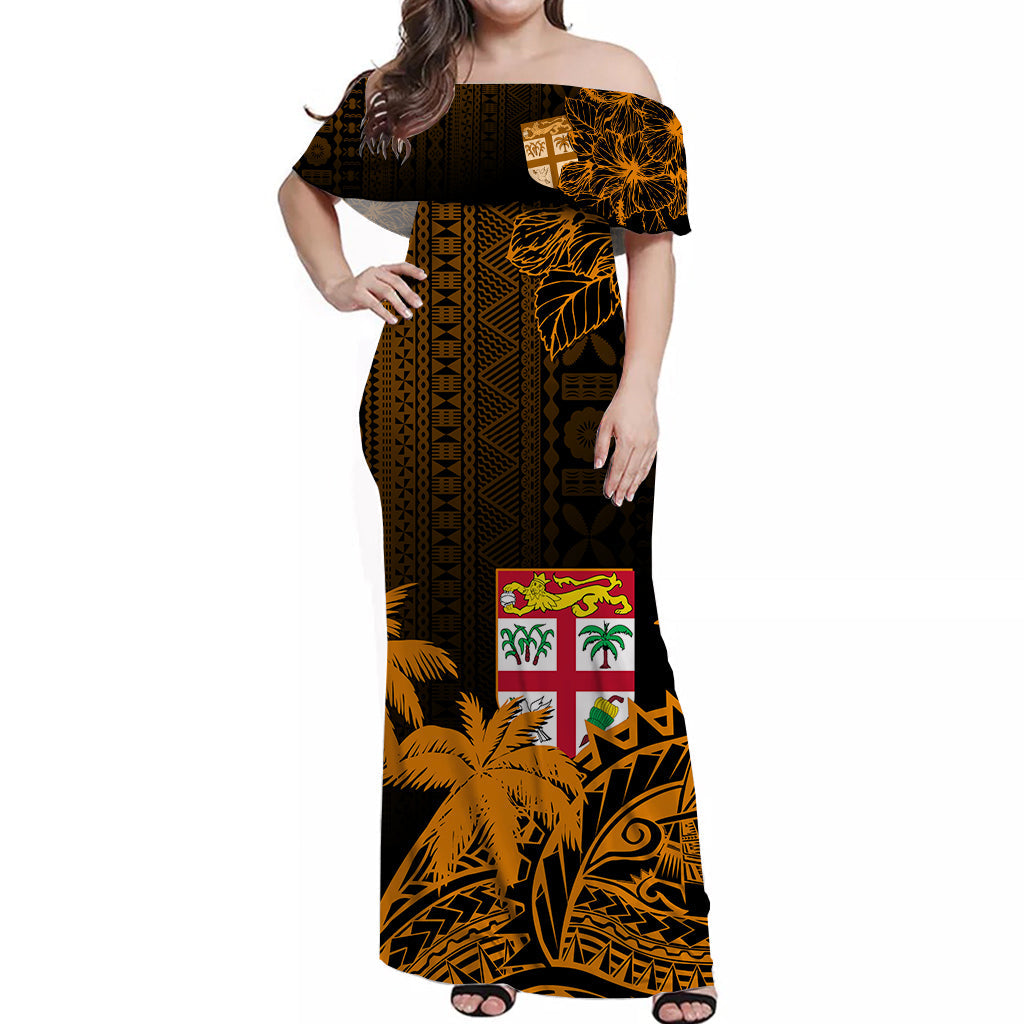 Fiji Tapa On The Waves Off Shoulder Long Dress Orange