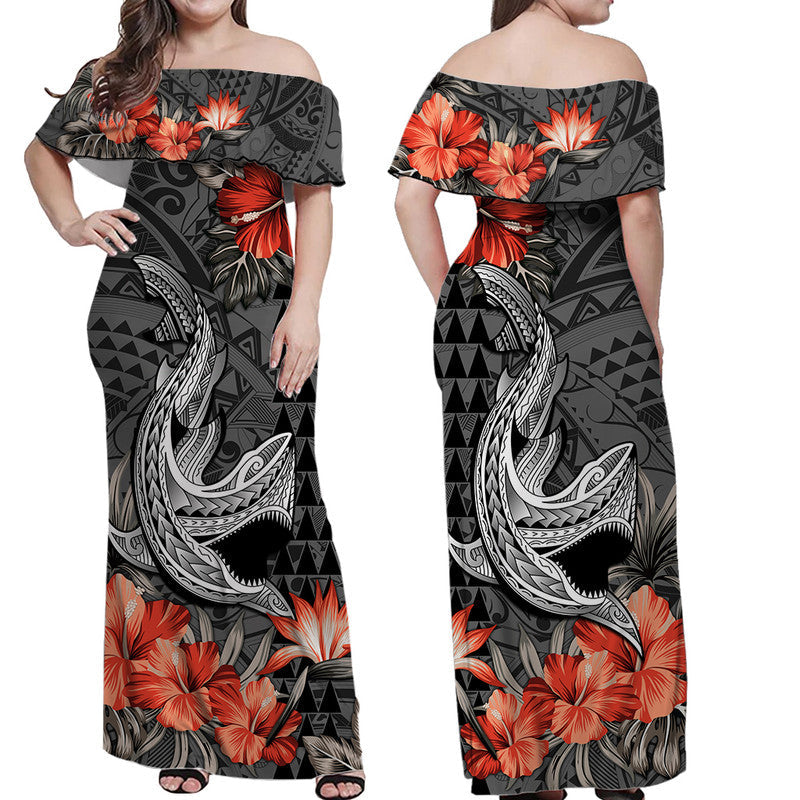 Hawaii Shark Tattoo Off Shoulder Long Dress Polynesian Vintage Vibes