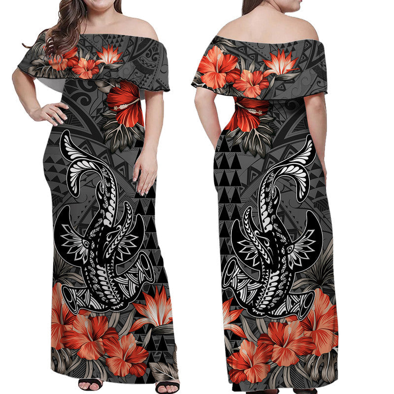 Hawaii Hammerhead Shark Off Shoulder Long Dress Polynesian Vintage Vibes