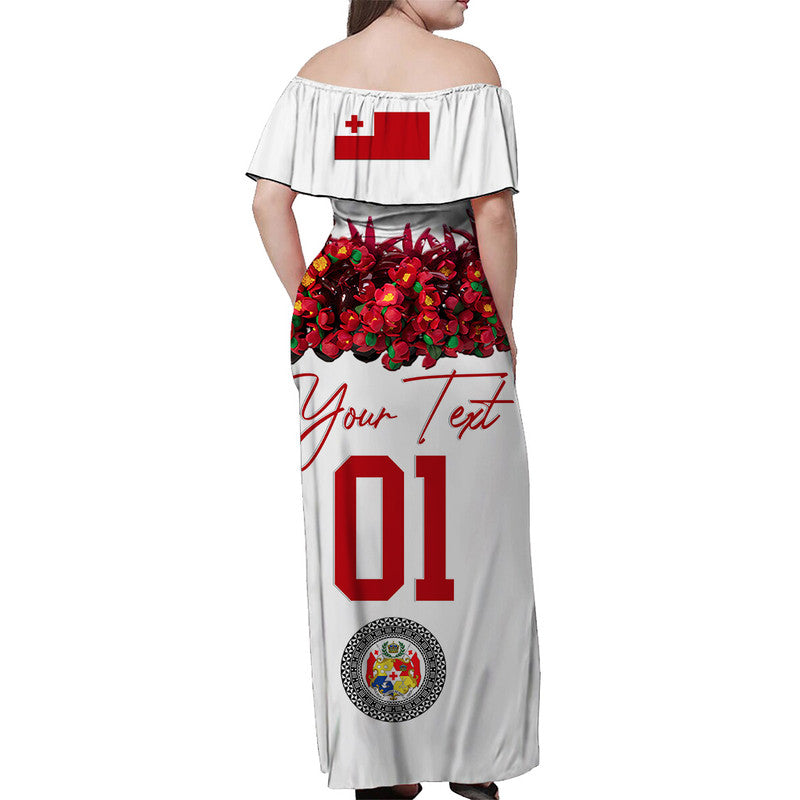 Custom Personalised Tonga Emancipation Day Off Shoulder Long Dress Independence Day Unique Kahoa Heilala Flower White