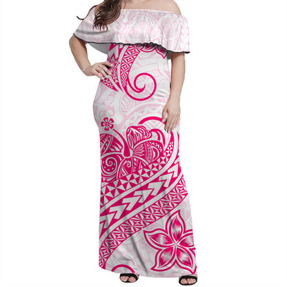 Polynesian Tribal Tattoo Retro Off Shoulder Long Dress Pink Screen Color