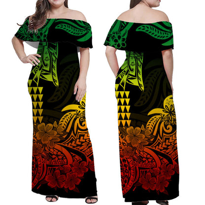 Hawaii Kakau Off Shoulder Long Dress Polynesian Floral Tribal Reggae Version