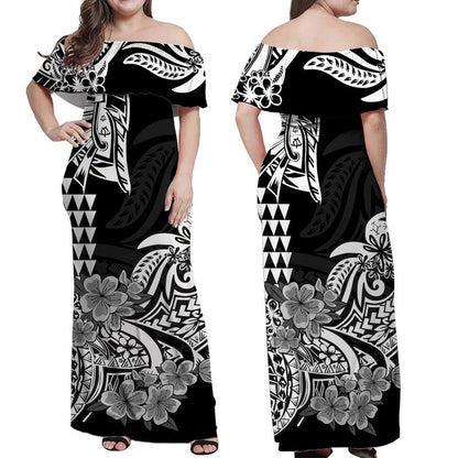 Hawaii Kakau Off Shoulder Long Dress Polynesian Floral Tribal Black Version