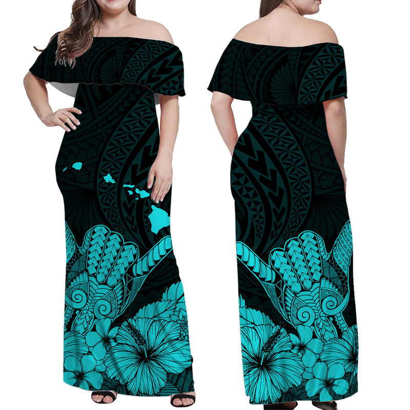 Hawaii Shaka Sign Off Shoulder Long Dress Turquoise Version