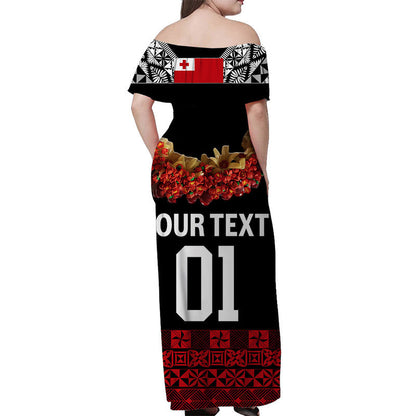 Custom Personalised Tonga Emancipation Day Off Shoulder Long Dress Independence Day Fancy Kahoa Heilala Flower Black Red
