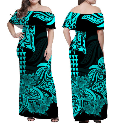 Hawaii Kakau Off Shoulder Long Dress Polynesian Floral Tribal Aqua Version