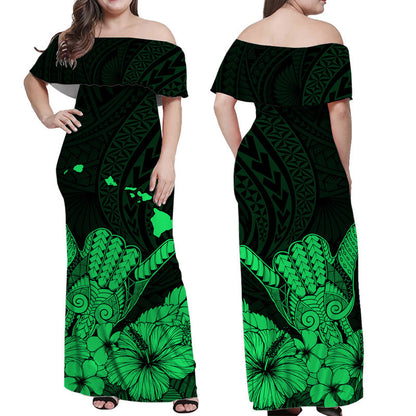Hawaii Shaka Sign Off Shoulder Long Dress Green Version