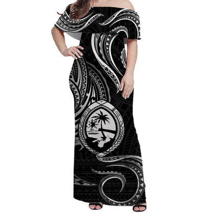 Polynesian Pride Guam With Polynesian Tribal Tattoo and Coat of Arms Off Shoulder Long Dress Black Version