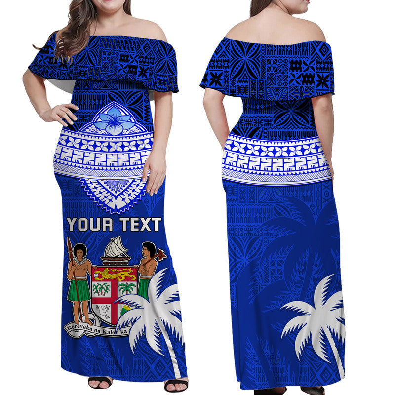 Custom Personalised Fiji Coat Of Arms Off Shoulder Long Dress Polynesian Tapa Palm Tree
