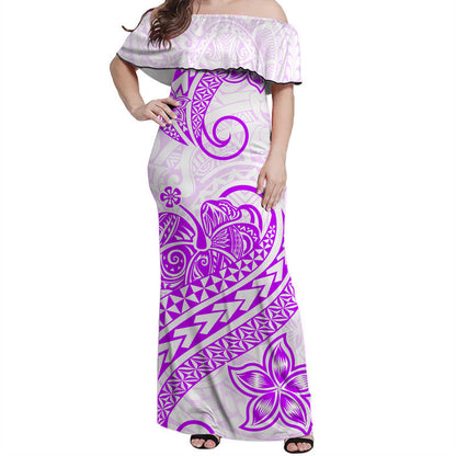 Polynesian Tribal Tattoo Retro Off Shoulder Long Dress Purple Screen Color