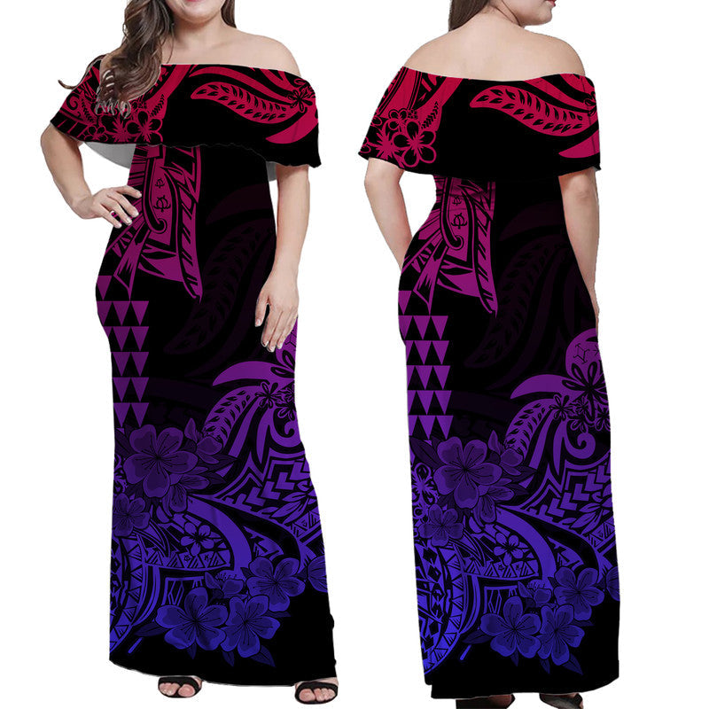 Hawaii Kakau Off Shoulder Long Dress Polynesian Floral Tribal Gradient Version