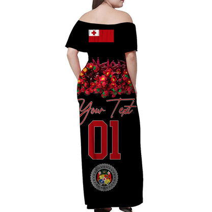 Custom Personalised Tonga Emancipation Day Off Shoulder Long Dress Independence Day Unique Kahoa Heilala Flower Black