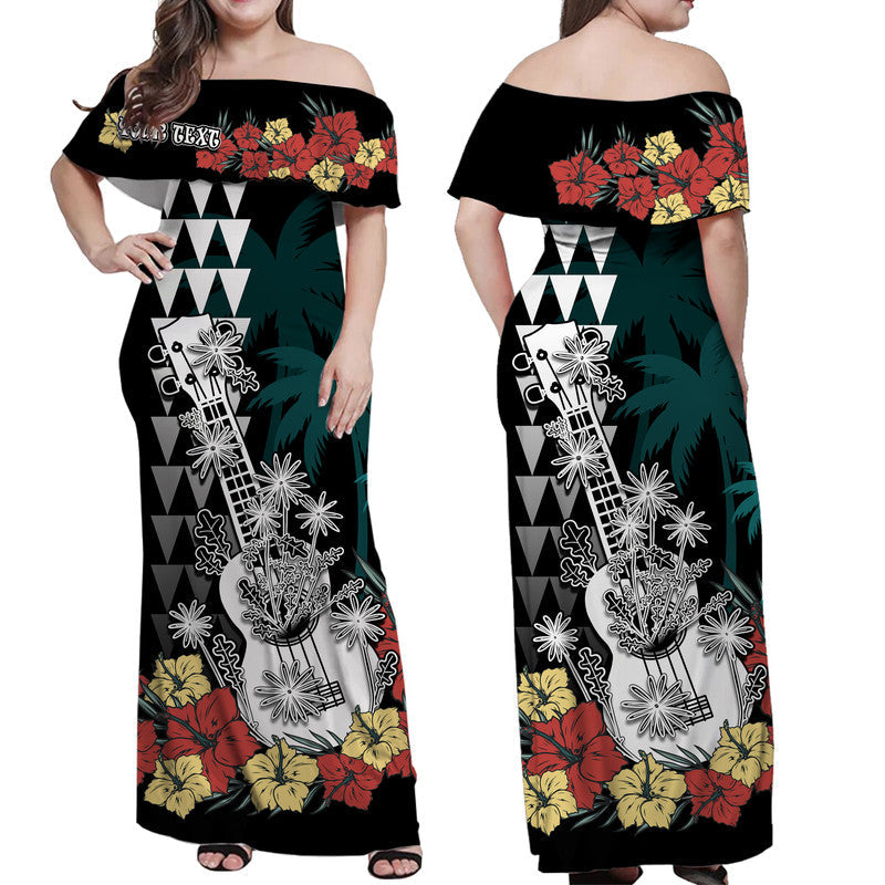 Custom Personalised Hawaii Ukulele Mix Hibiscus and Coconut Tree Women Off Shoulder Long Dress Aloha Vintage Black Version