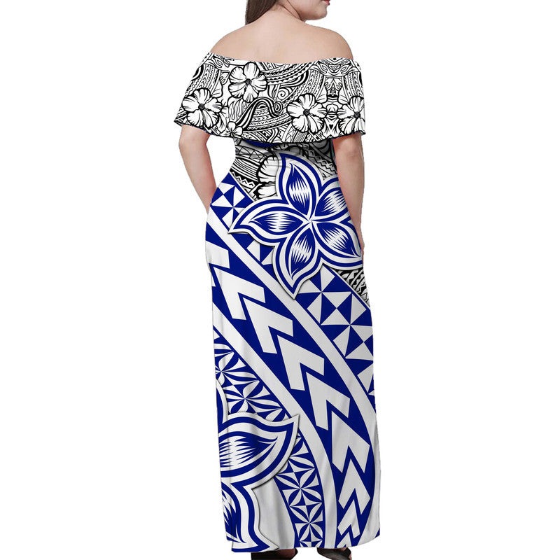 Traditional Polynesian Tribal Tattoo Retro Women Off shoulder Long Dress Blue