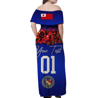 Custom Personalised Tonga Emancipation Day Off Shoulder Long Dress Independence Day Unique Kahoa Heilala Flower Blue