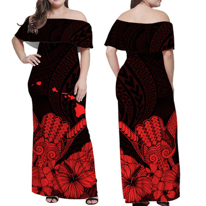 Hawaii Shaka Sign Off Shoulder Long Dress Red Version