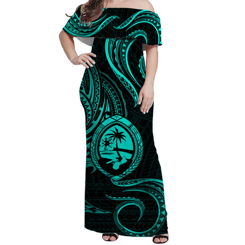 Polynesian Pride Guam With Polynesian Tribal Tattoo and Coat of Arms Off Shoulder Long Dress Turquoise Version