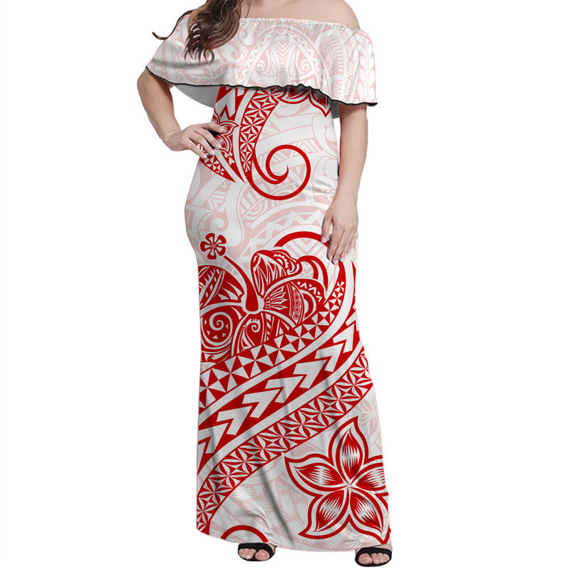 Polynesian Tribal Tattoo Retro Off Shoulder Long Dress Red Screen Color