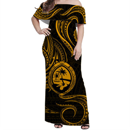 Polynesian Pride Guam With Polynesian Tribal Tattoo and Coat of Arms Off Shoulder Long Dress Gold Version