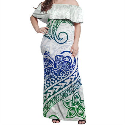 Polynesian Tribal Tattoo Retro Off Shoulder Long Dress Gradient 03 Screen Color