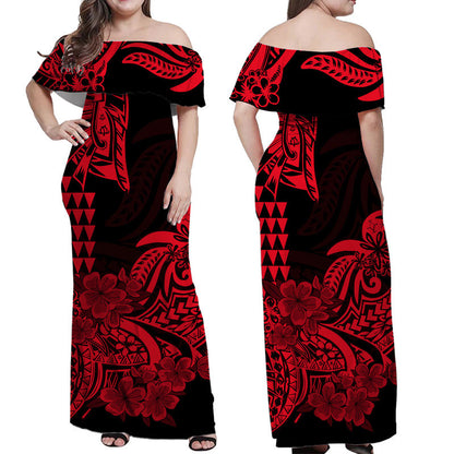 Hawaii Kakau Off Shoulder Long Dress Polynesian Floral Tribal Red Version