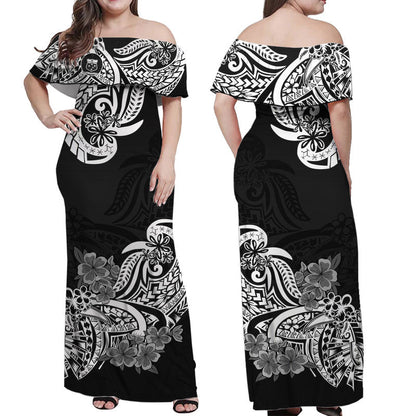 Polynesian Floral Tribal Off Shoulder Long Dress Black