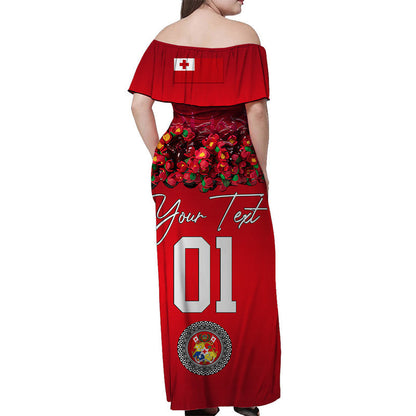 Custom Personalised Tonga Emancipation Day Off Shoulder Long Dress Independence Day Unique Kahoa Heilala Flower Red