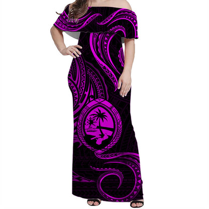 Polynesian Pride Guam With Polynesian Tribal Tattoo and Coat of Arms Off Shoulder Long Dress Purple Version
