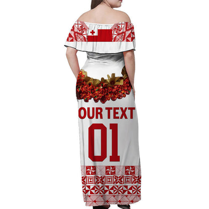 Custom Personalised Tonga Emancipation Day Off Shoulder Long Dress Independence Day Fancy Kahoa Heilala Flower White Red