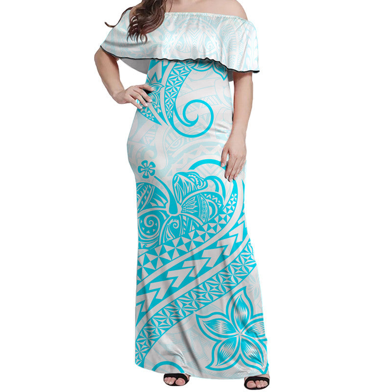 Polynesian Tribal Tattoo Retro Off Shoulder Long Dress Aqua Screen Color