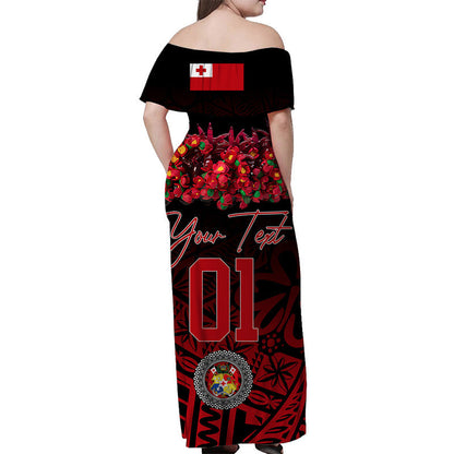 Custom Personalised Tonga Emancipation Day Off Shoulder Long Dress Independence Day Unique Kahoa Heilala Flower Black