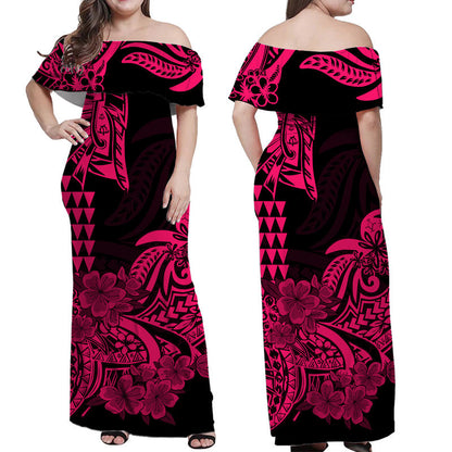 Hawaii Kakau Off Shoulder Long Dress Polynesian Floral Tribal Pink Version