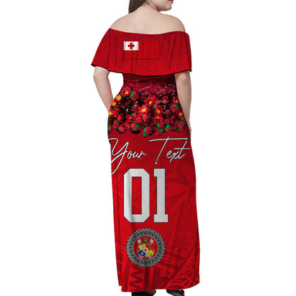 Custom Personalised Tonga Emancipation Day Off Shoulder Long Dress Independence Day Unique Kahoa Heilala Flower Red