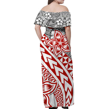 Traditional Polynesian Tribal Tattoo Retro Women Off shoulder Long Dress Red