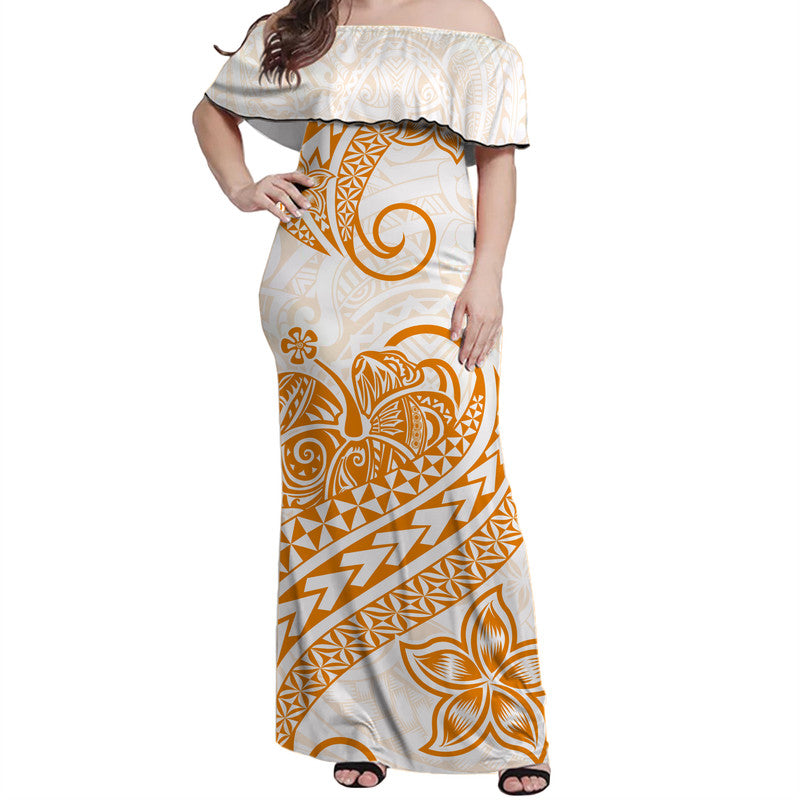 Polynesian Tribal Tattoo Retro Off Shoulder Long Dress Gold Screen Color
