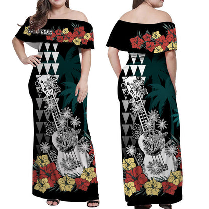 (Custom Personalised) Hawaii Couple Outfits Hawaii Ukulele Mix Hibiscus and Coconut Tree Dress and Hawaiian Shirt Aloha Vintage Black Version