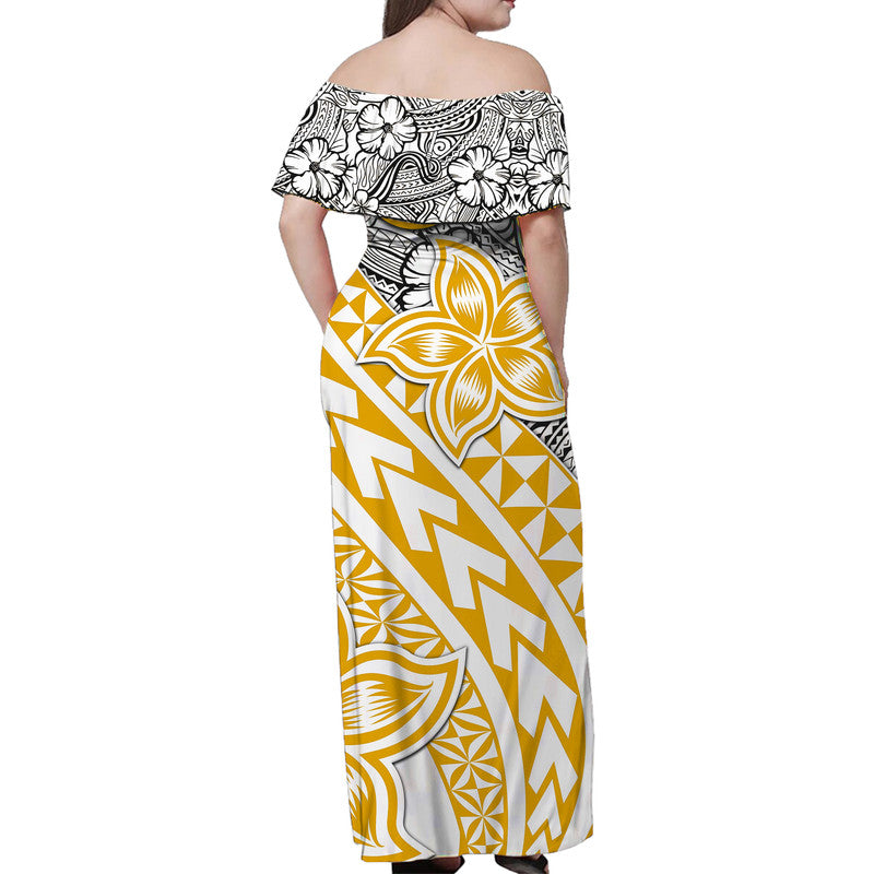 Traditional Polynesian Tribal Tattoo Retro Women Off shoulder Long Dress Yellow